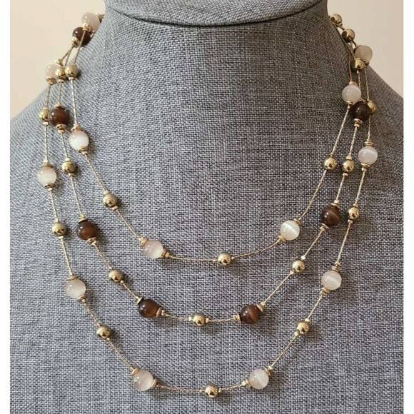 Lovely signed M&S 3-strand necklace in light gold with tiger eye and moonstone - Picture 1 of 3